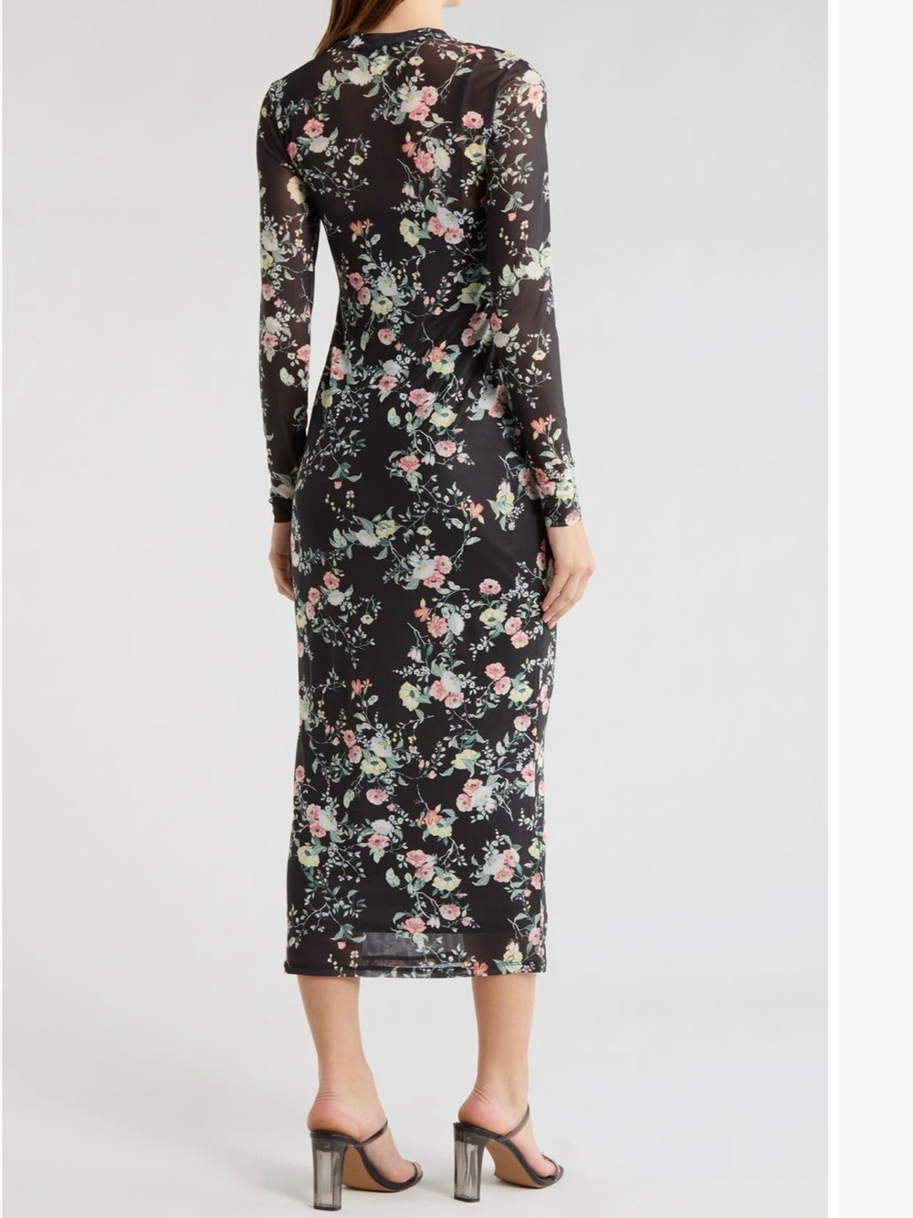 AFRM Black Long Sleeve Floral Midi Dress with Pink & Cream Blooms - Picture 5 of 6